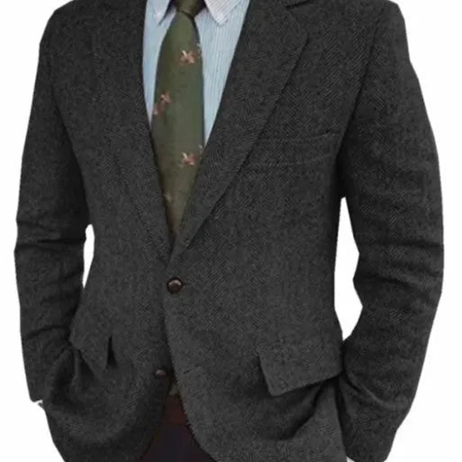 Men's brown herringbone suit jacket with long sleeves and notch lapels, laid flat.