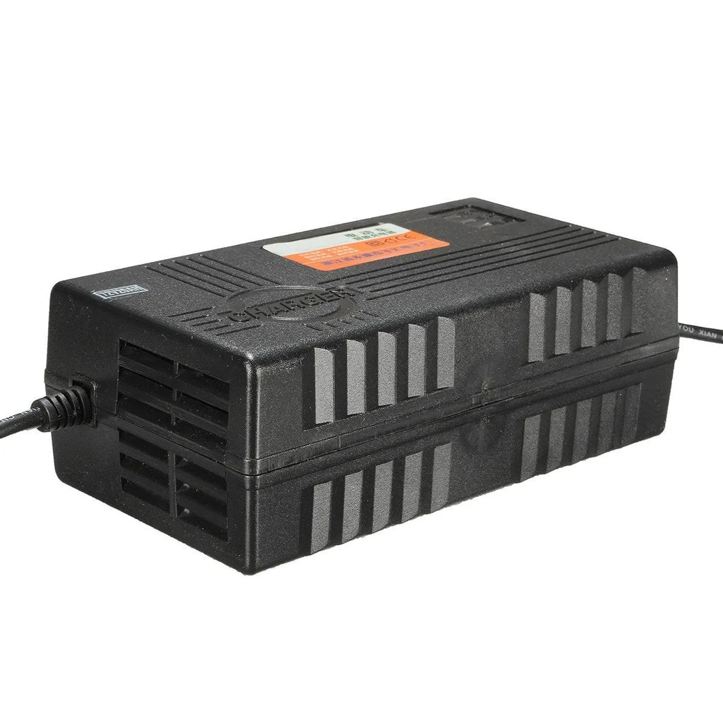 Black 72V20AH electric car charger for lead-acid batteries showing AU, EU, US plug options