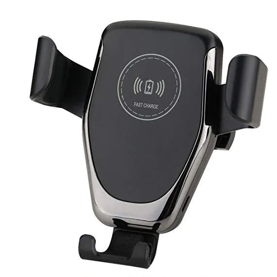 Black Qi wireless car charger mounted on a car dashboard, holding an iPhone.