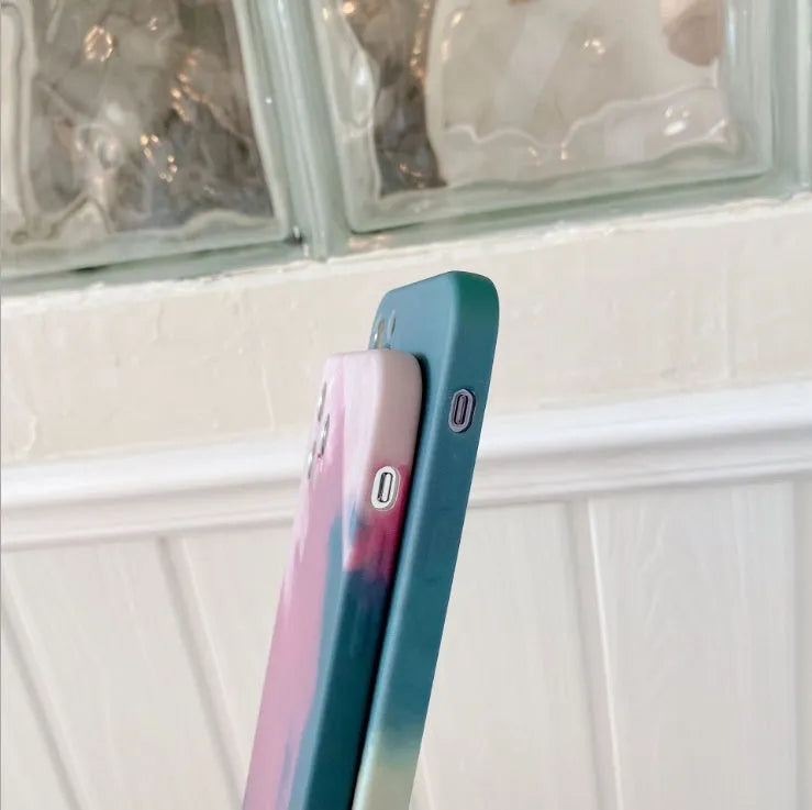 Silicone iPhone case with gradient geometry abstract design in blue, green, pink, purple colour options