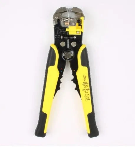 Yellow automatic wire stripper and crimping tool with adjustment screw for 10-24 AWG cables