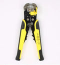 Yellow automatic wire stripper and crimping tool with adjustment screw for 10-24 AWG cables