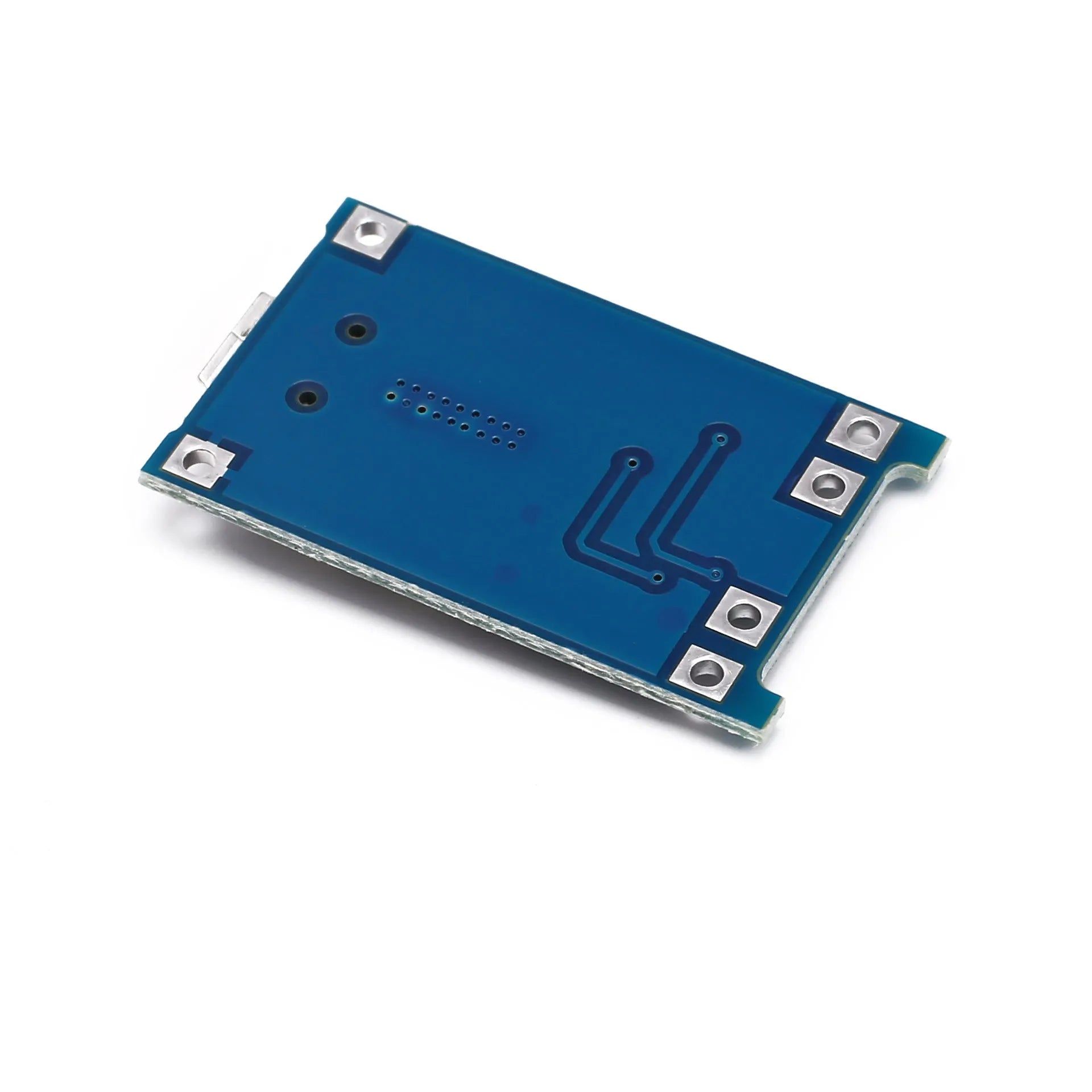 Blue lithium battery charging and protection board measuring 2.6 by 1.7 centimetres