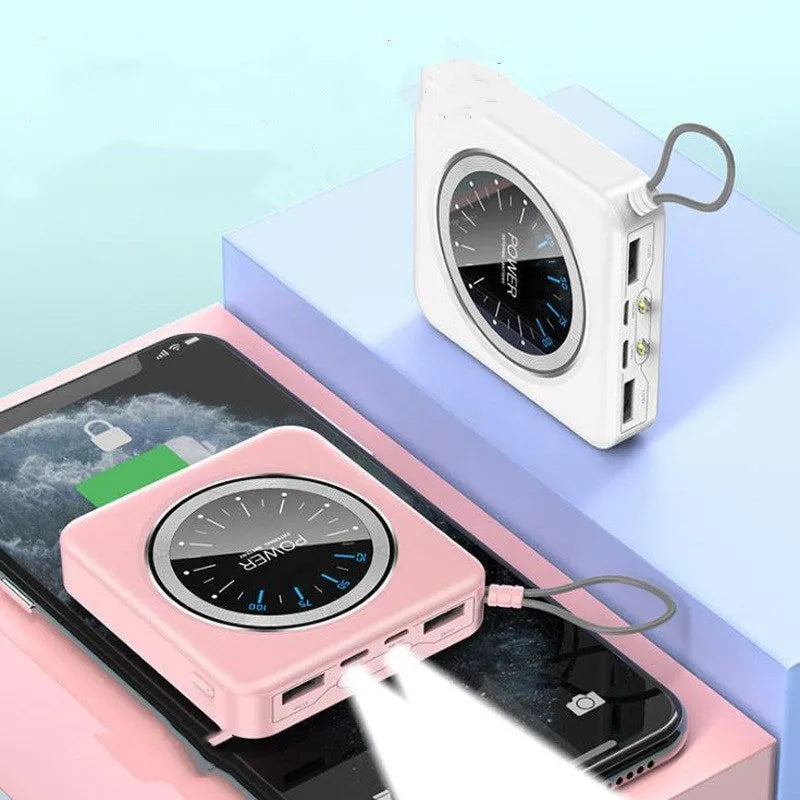 Mini clock charger power bank with LCD screen in mint green colour showing the time.