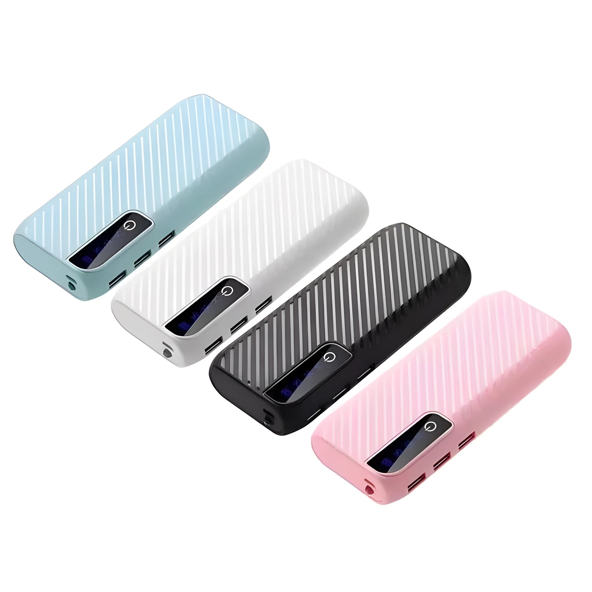 A compact black portable power bank showing dual USB output ports and displaying 20000mAh capacity.