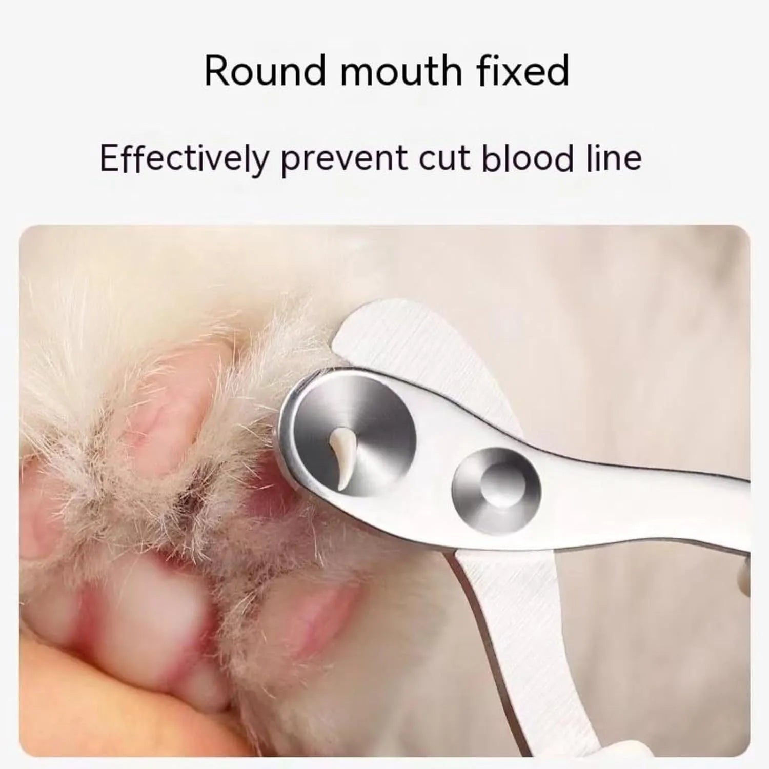 Blue cat nail clippers with circular cut hole and cushioned handle for safe pet nail trimming