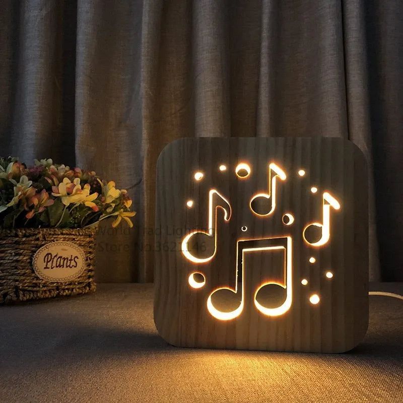 Square pine wood USB LED lamp with warm white light on a desk.