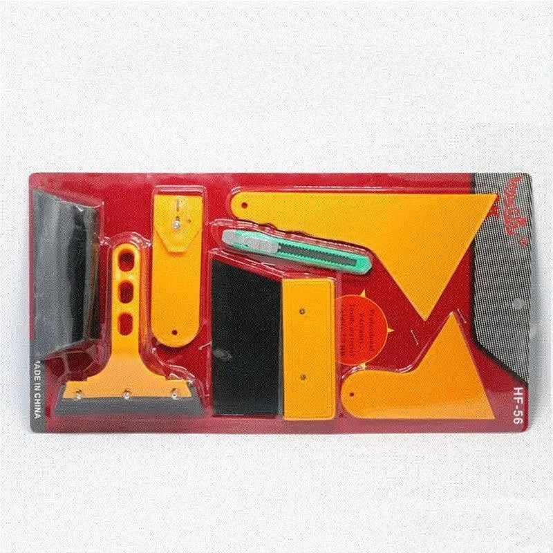 Seven-piece car film tool set with scrapers, knives, and a pressing block for window tinting and screen protector application.