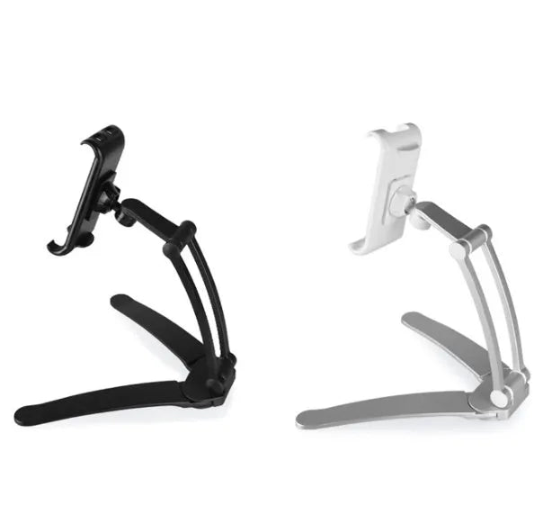 Silver aluminium alloy desktop tablet stand with adjustable white mount holding a tablet