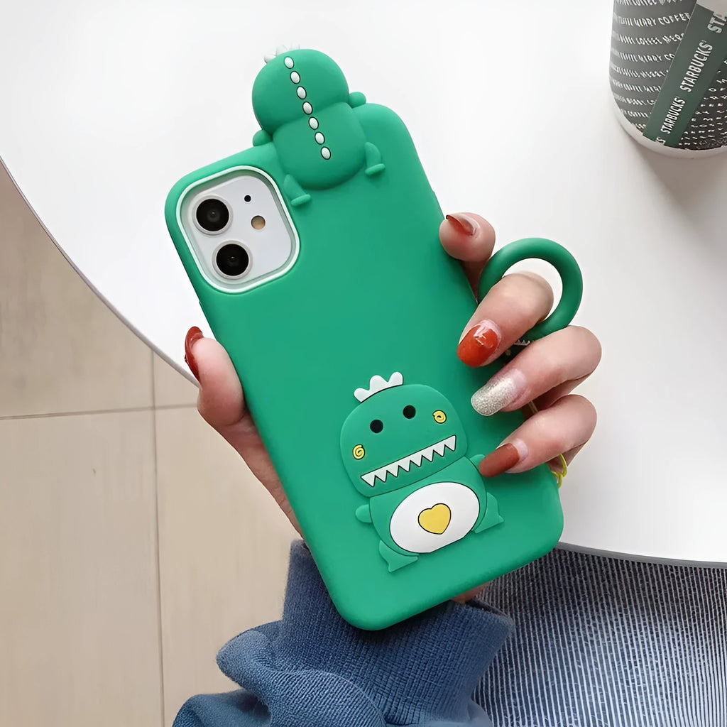 Green and yellow silicone phone cases with cartoon animal designs for Apple iPhones.