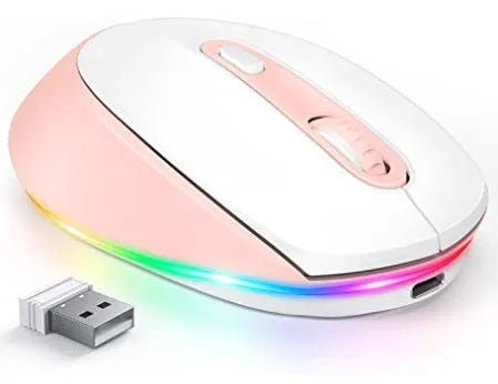 24g rechargeable wireless mouse in various colours, shown with USB charging cable.