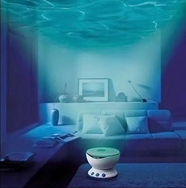 Blue coloured ocean wave light projector with DLP technology on a surface.