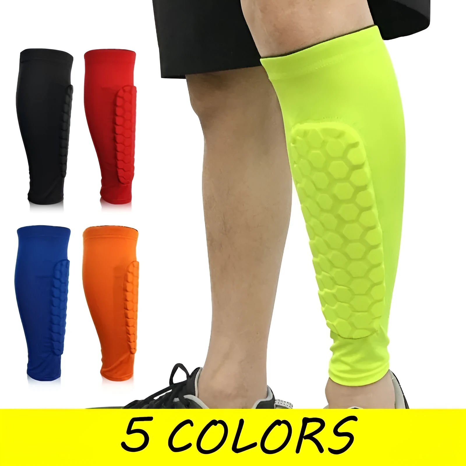 Black lycra football shin guard holder with silicone band on a leg showing secure fit