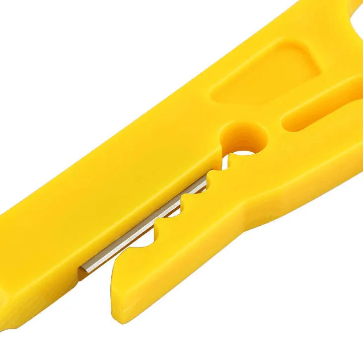 Yellow portable wire stripper tool for 0.6mm diameter cables with snap-in metal blade
