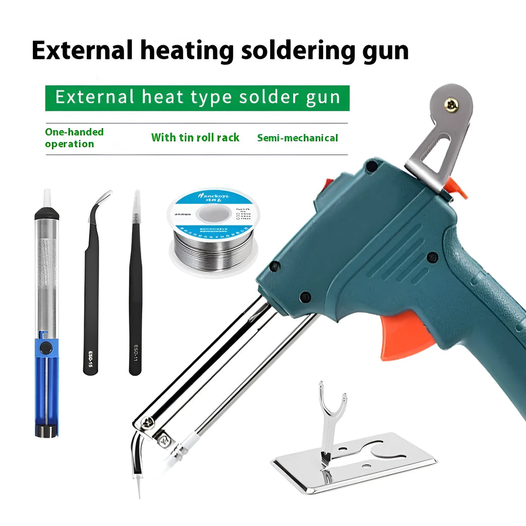 External heating handheld soldering gun with black plastic handle, stand, and accessories on workbench
