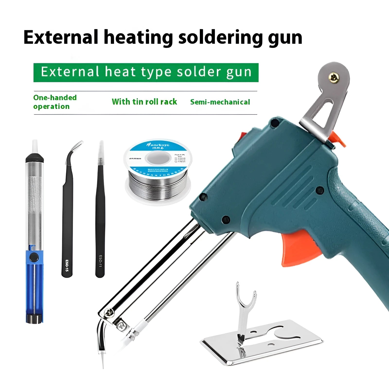 External heating handheld soldering gun with black plastic handle, stand, and accessories on workbench