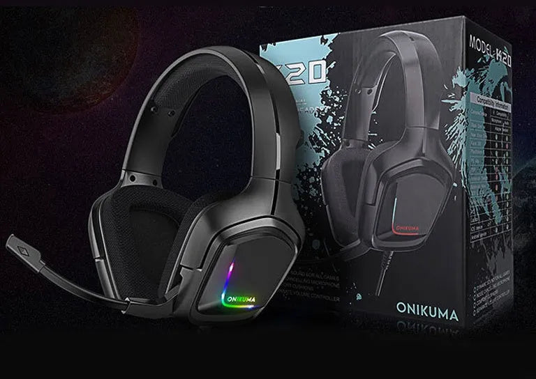 K20 wired RGB gaming headset with illuminated ear cups, cloth earmuffs, and braided cable in black, camouflage grey, or white