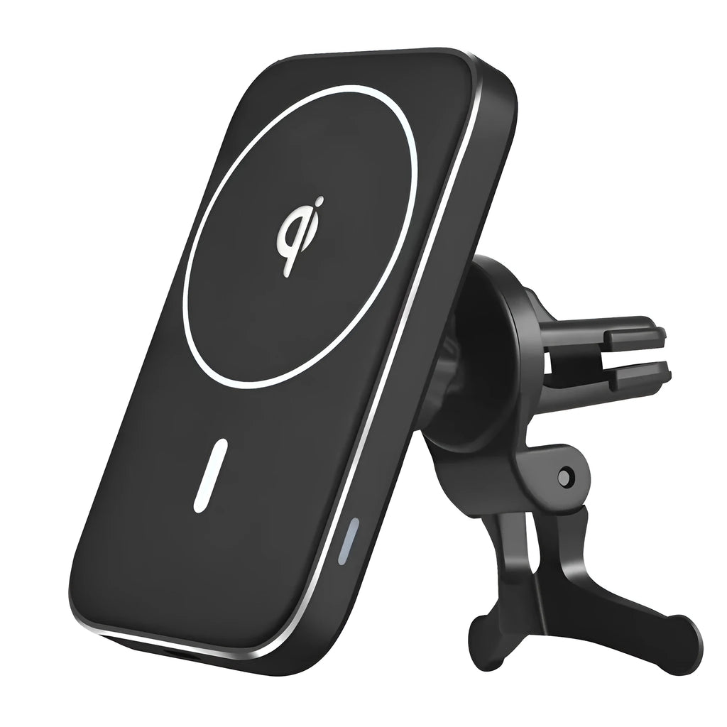 Black M6 magnetic wireless car charging bracket mounted on a car dashboard.