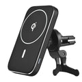 Black M6 magnetic wireless car charging bracket mounted on a car dashboard.
