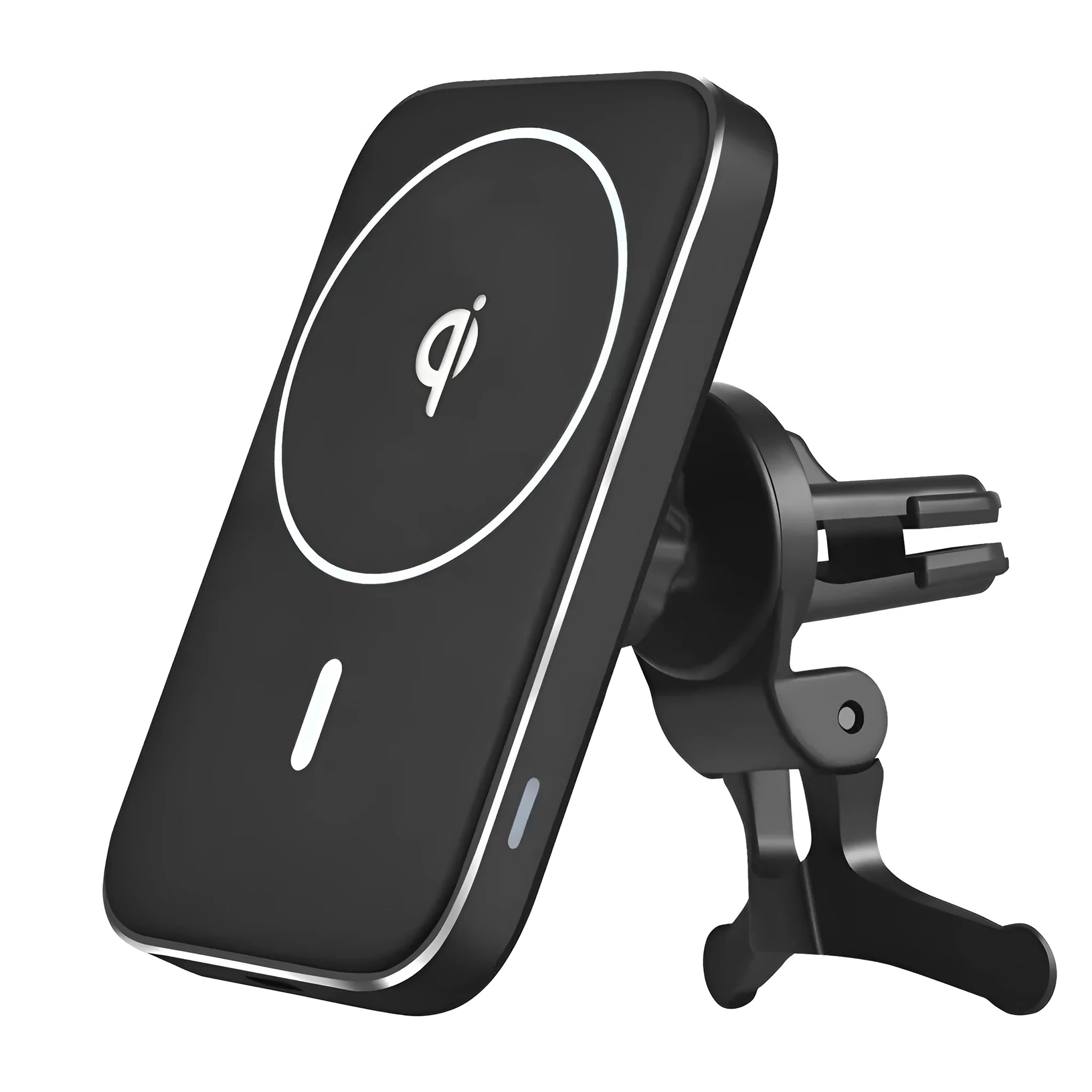 Black M6 magnetic wireless car charging bracket mounted on a car dashboard.