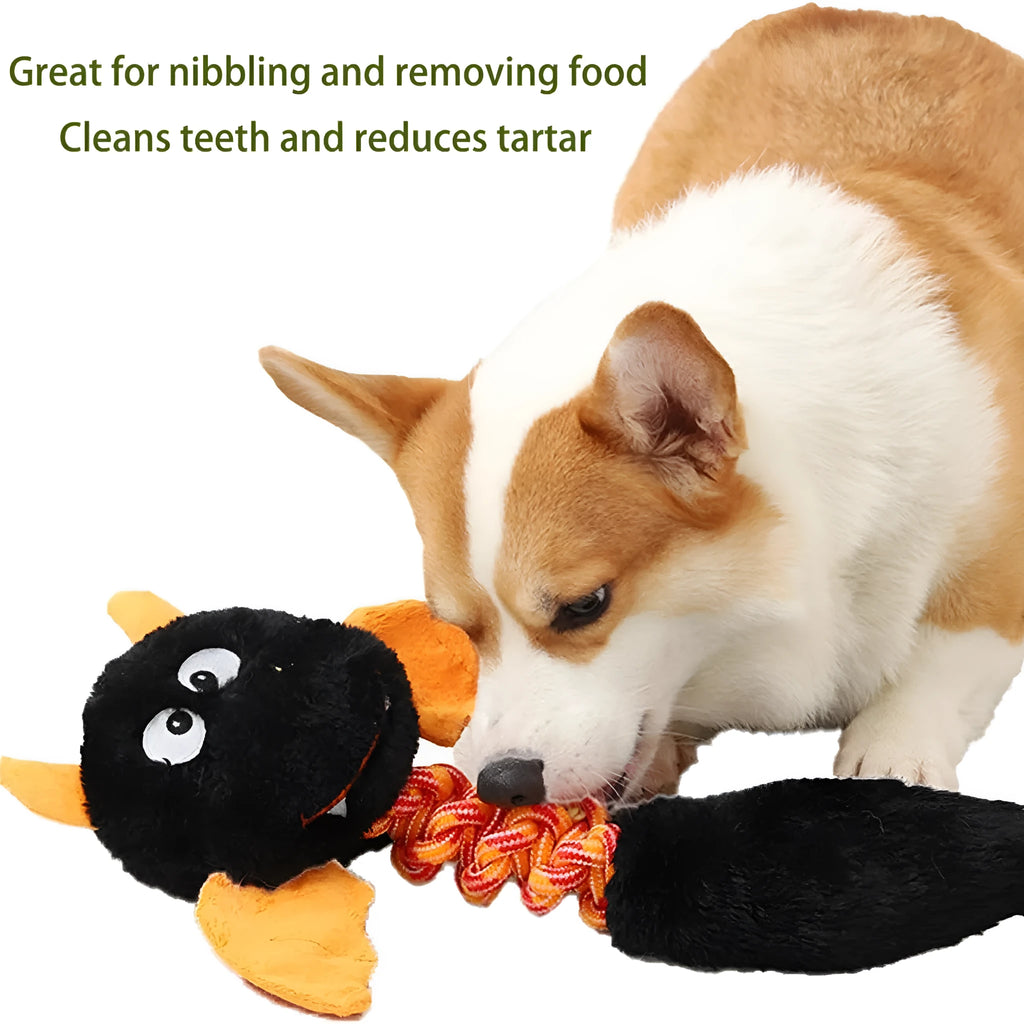 Large green plush dog toy with cartoon shape, shown next to a red version, on a white background.