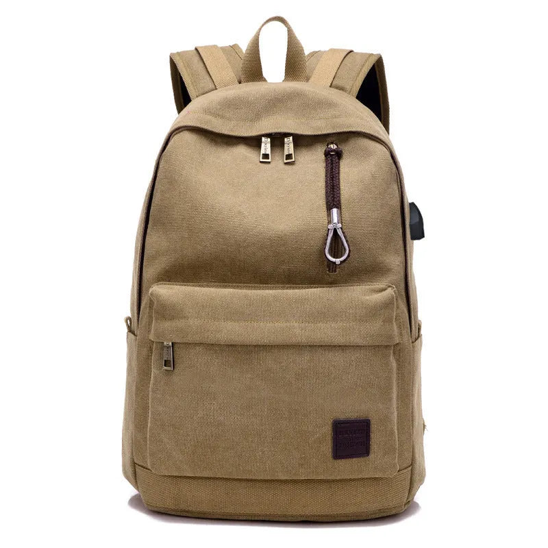 Canvas backpack with USB charging port in grey colour showing multiple compartments