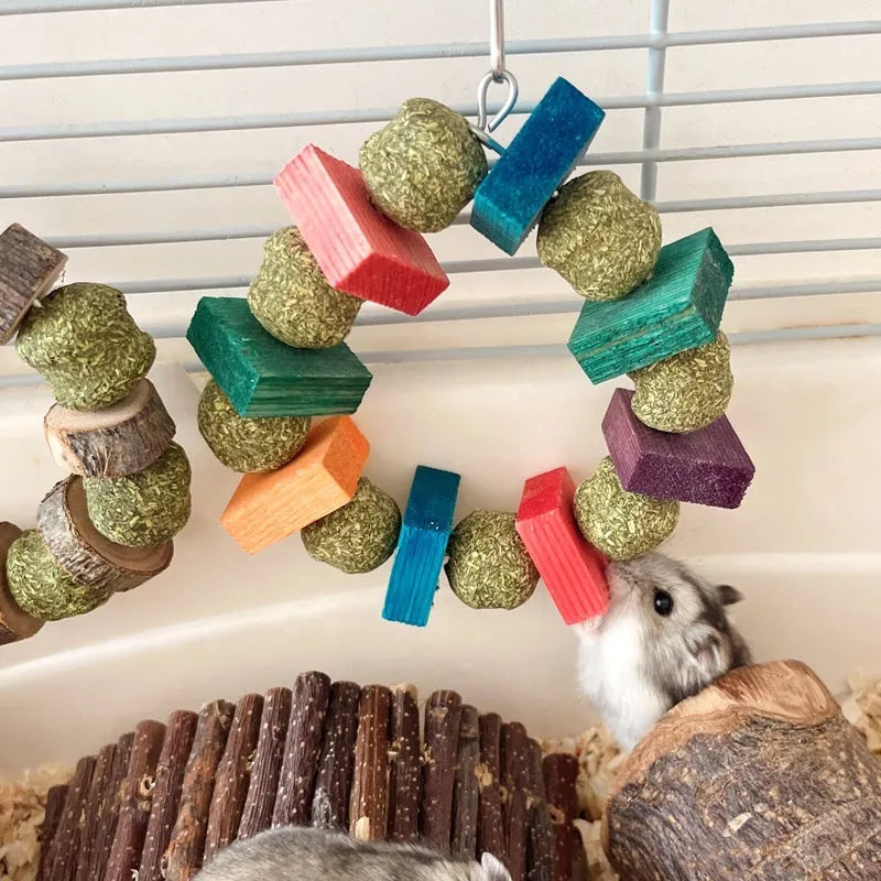 Hamster chew toy with Applewood stick and woven straw ball ring on a white background.