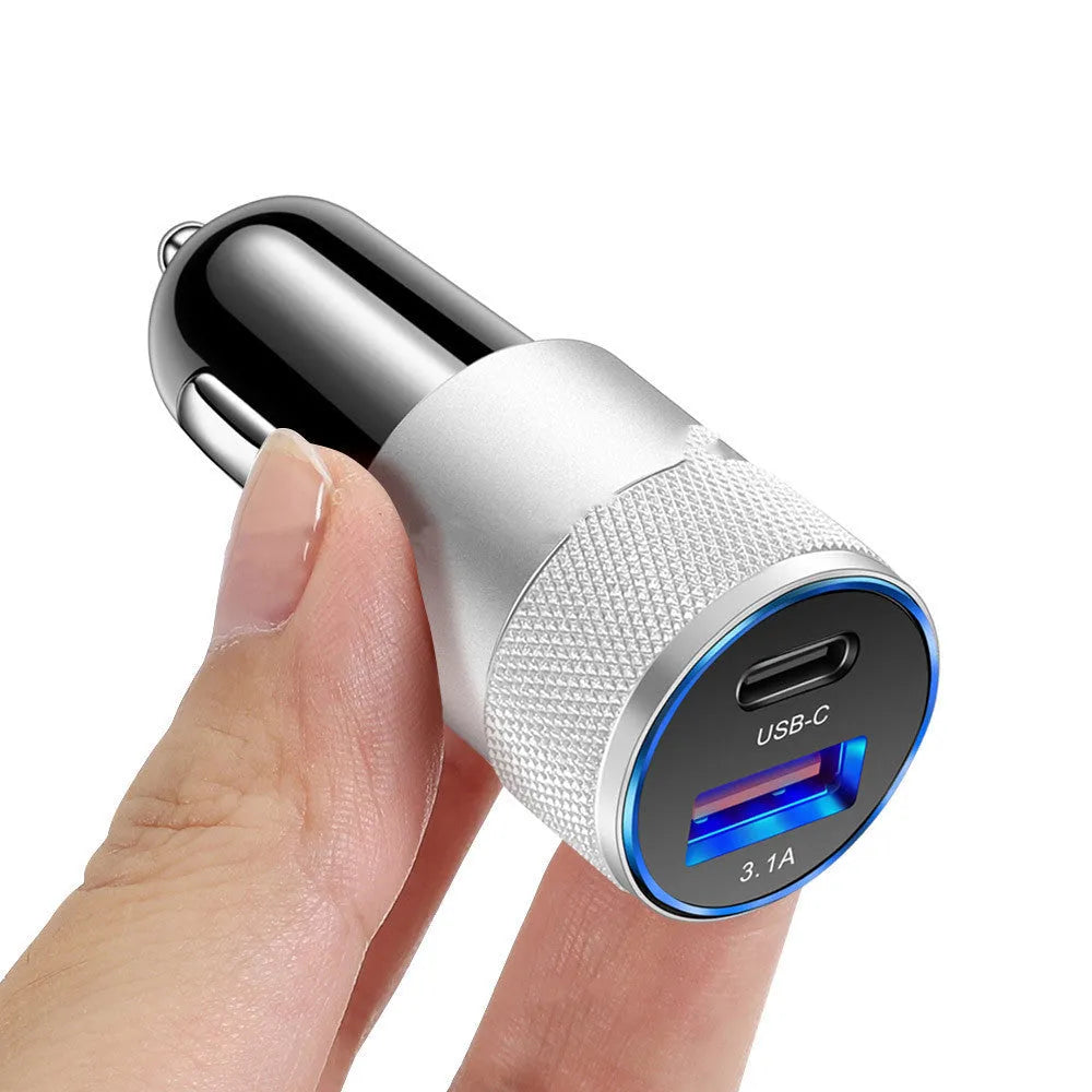 Aluminium alloy car charger with 12V input voltage measuring 2.5 by 6cm