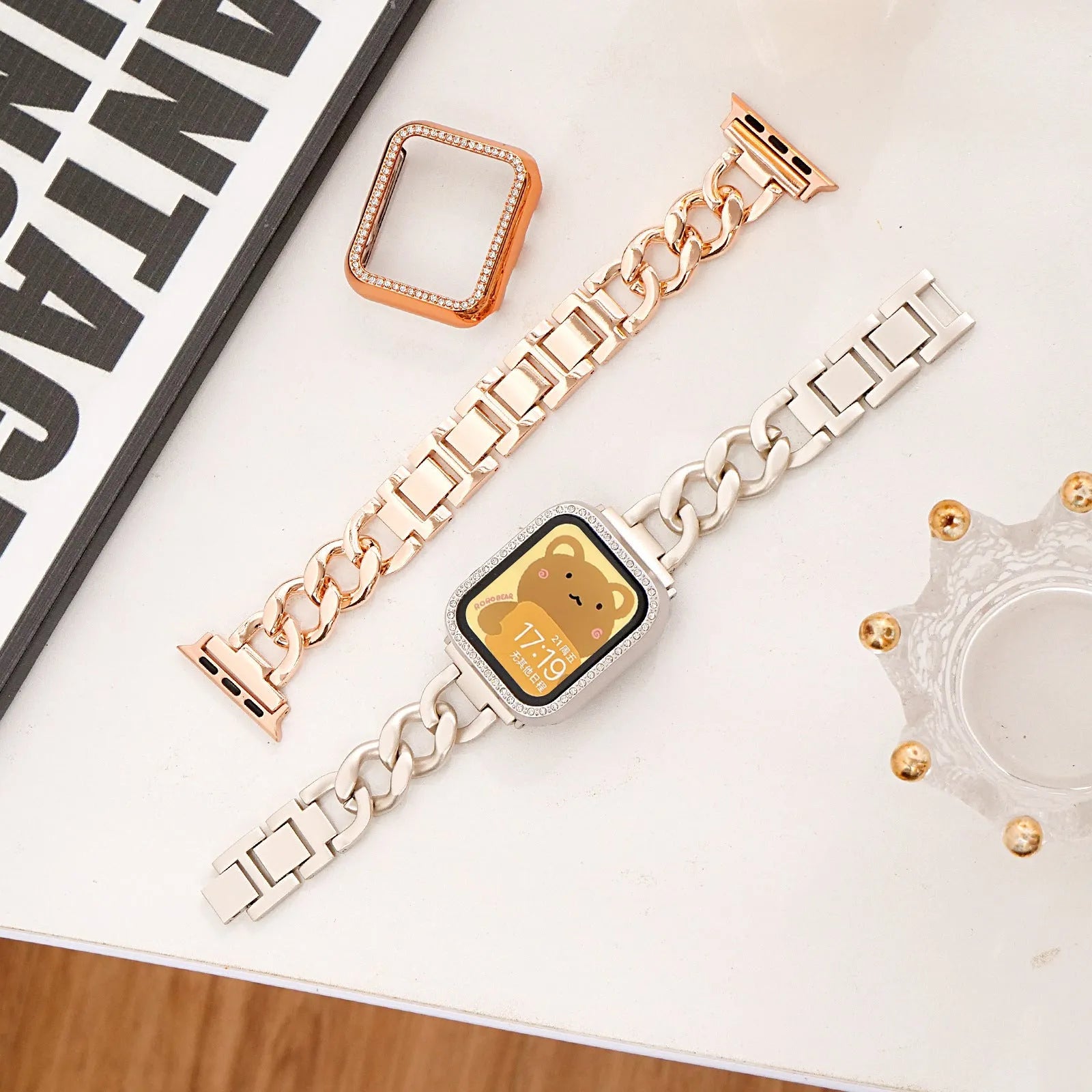 Denim chain metal Apple watch strap in silver black gold rose gold starlight colours