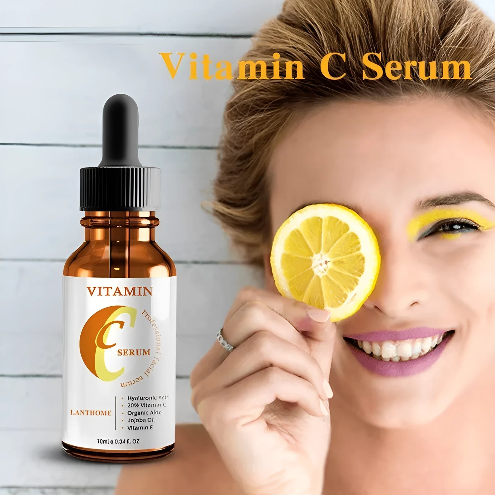 10 ml bottle of vitamin C and hyaluronic acid facial serum for anti-aging and skin brightening