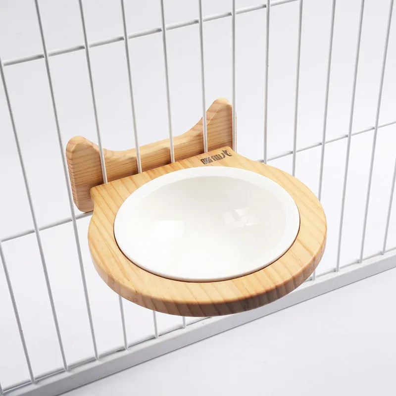 Ceramic cage wall bowl with solid wood stand, 14.6cm diameter, for pets