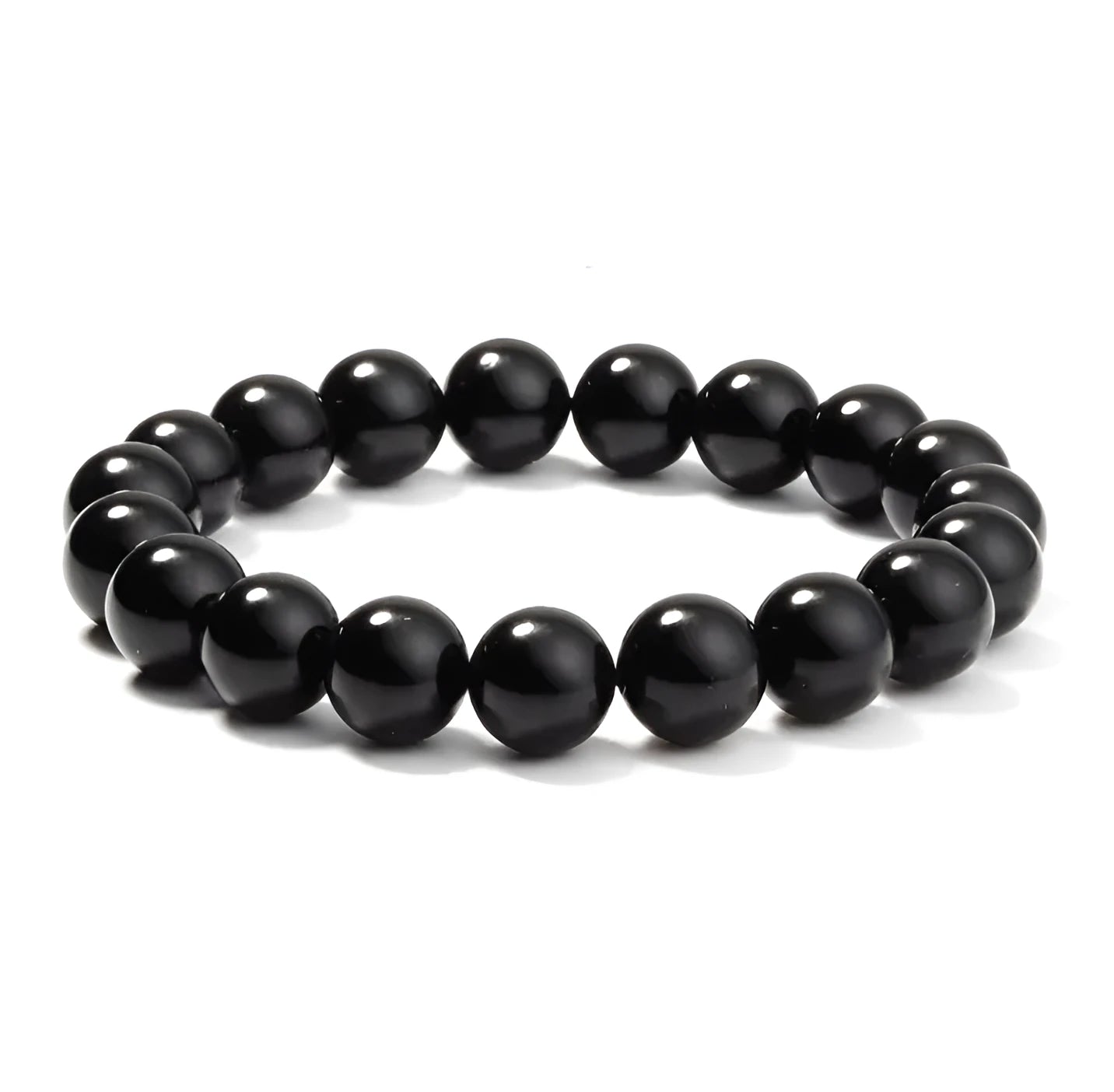Women's black onyx bead bracelet with geometric design on a stretchy elastic cord.