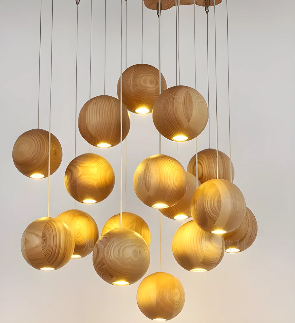 Nordic wood ball chandelier hanging light with adjustable height and wood construction