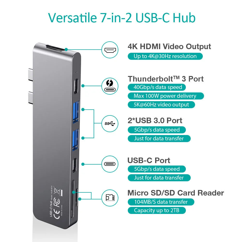 Silver USB-C to multi-port adapter hub with SD card slot, HDMI, USB ports, and PD charging