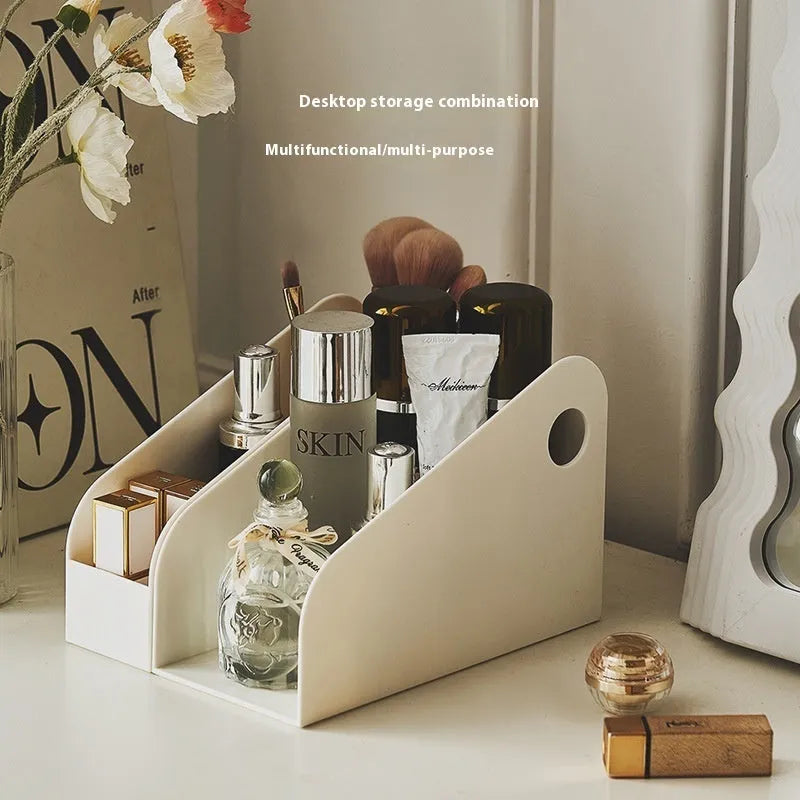 Desktop plastic storage box with integrated book shelf and two grid compartments