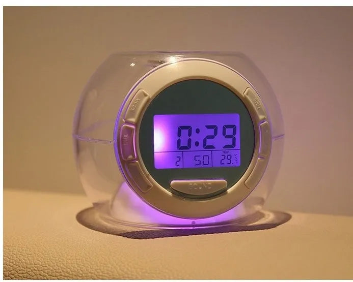 White colorful natural sound alarm clock with large LCD display and seven colour cycle light