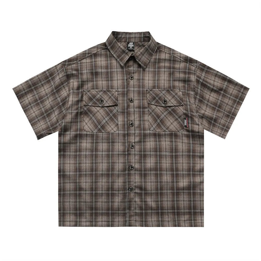 Men's black plaid short sleeve shirt with embroidered letter design and lapel collar