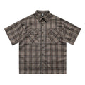 Men's black plaid short sleeve shirt with embroidered letter design and lapel collar