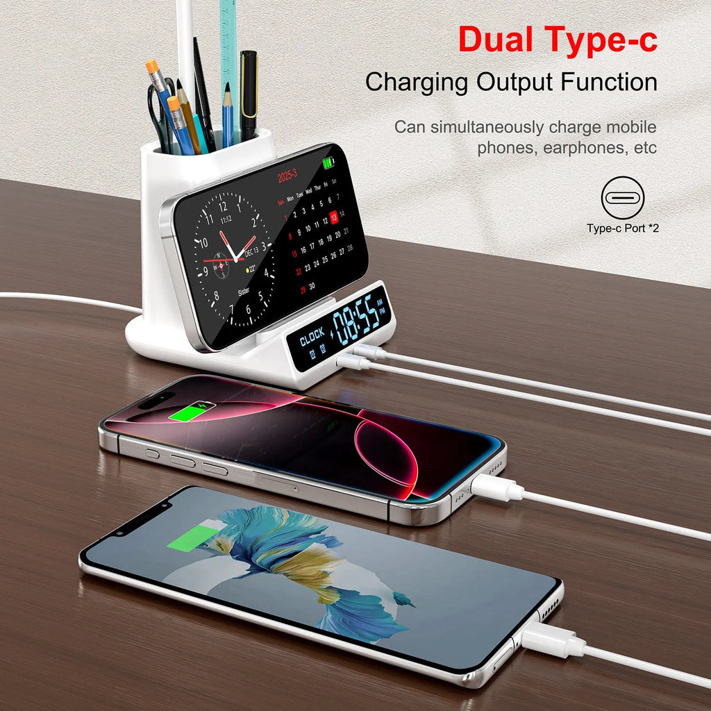 Wireless charging desk lamp with pen holder and storage compartment in modern design