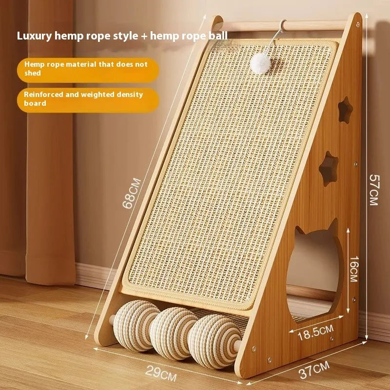 Vertical wall-mounted cat scratching board with sisal rope and hemp wrapping with amusing ball design