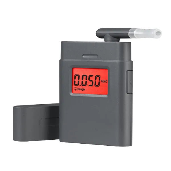 Black handheld At-838 alcohol breath detector with display screen showing BAC measurement
