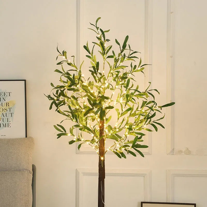 1.8 metre tall artificial olive tree lamp with warm LED lights throughout branches for courtyard decoration