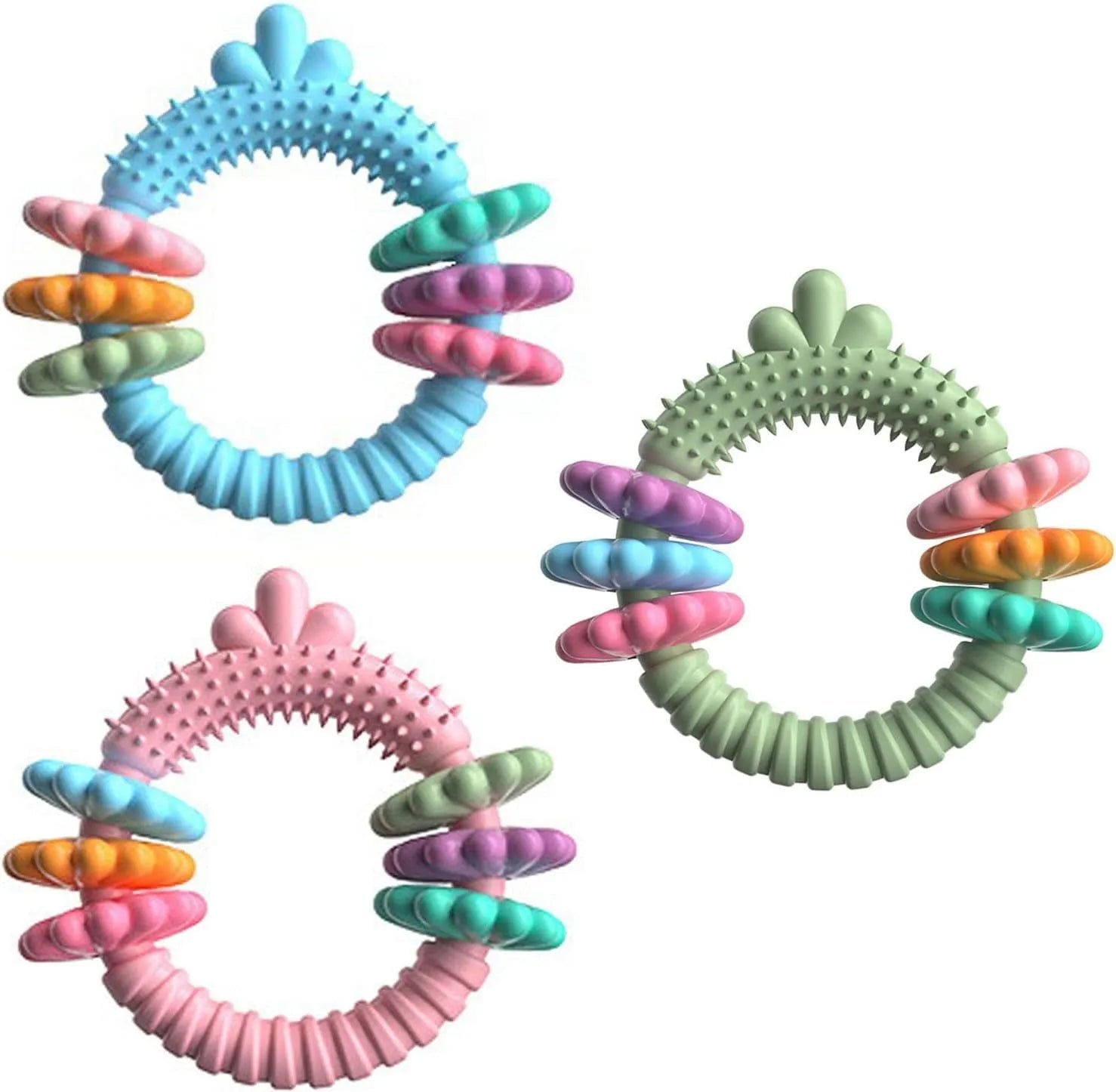 TPR rubber dog chew toy molar stick shape in blue, green, or pink colours