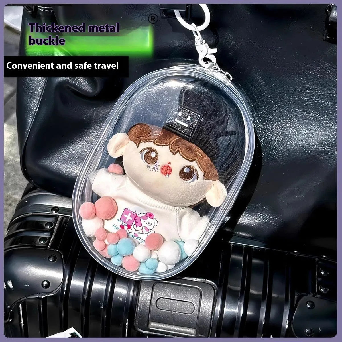 Transparent PVC cube storage bag for cotton dolls in 13cm, 17cm, or 23cm sizes with colour options