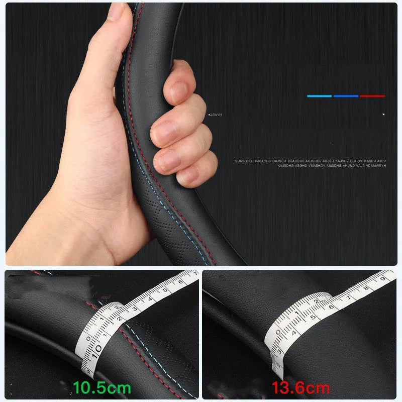 Black two-colour line steering wheel cover for Suzuki vehicles with 38cm diameter and Napa leather texture