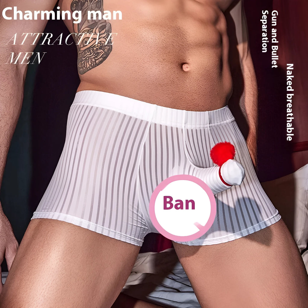 Men's striped boxer briefs in black, white, and dark grey with high elasticity nylon fabric