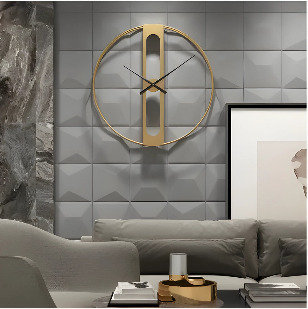 Large 50cm round metal wall clock in black or gold colour on a wall.