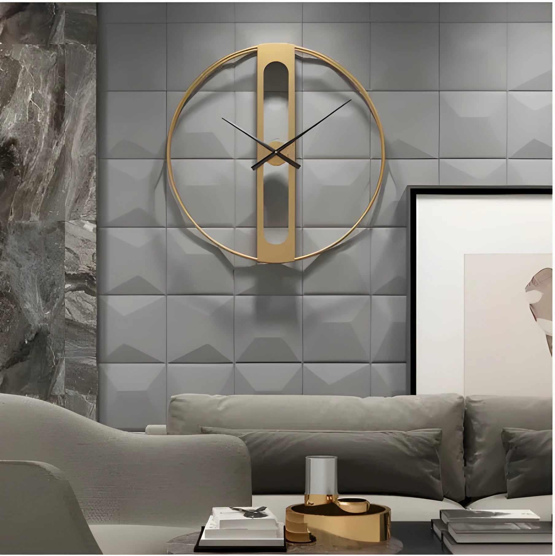 Large 50cm round metal wall clock in black or gold colour on a wall.