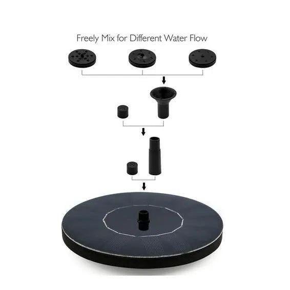 Black solar-powered floating fountain pump with four different nozzles on a 16cm square base.