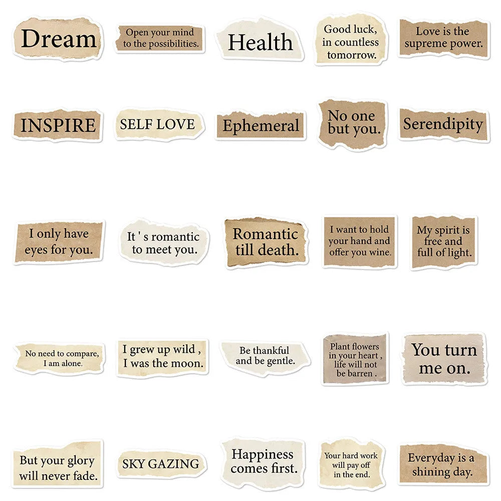 Torn English design laptop stickers in assorted sizes from 4 to 7 centimetres